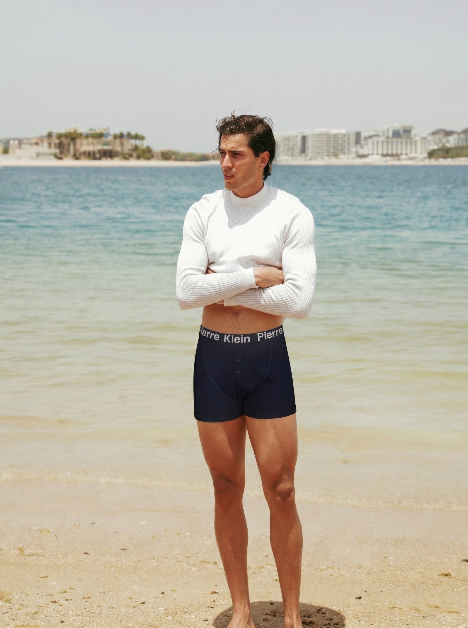 Model wearing navy boxer briefs